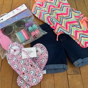 Colorful Kids Swim Set with Flip Flops and Sunglasses 4/5 NWT